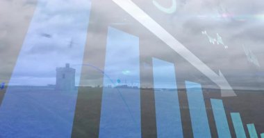 Çubuk grafik ve veri işleme animasyonu bulutlu gökyüzü ile kırsal alan üzerinde. Analizler, veri görselleştirme, bilgi, tarım, kırsal, teknoloji