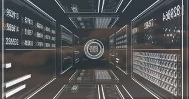 Sayılar ve grafiklerle veri ve analitik arayüzü gösteren dijital animasyon. veri görselleştirme, teknoloji, bilgi, istatistik, fütüristik, gösterge paneli