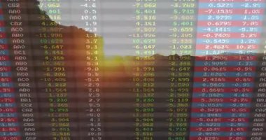 Güneş doğarken manzaralı dağ manzarasını kaplayan finansal verilerin animasyonu. Finans, analitik, büyüme, doğa, ekonomi