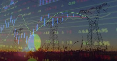 Finansal veriler ve grafikler günbatımını animasyondaki elektrik hatlarıyla örtüyor. Finans, istatistik, yatırım, ekonomi, teknoloji, enerji