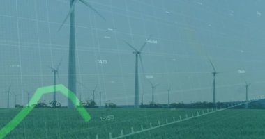 Kırsal alanda rüzgar türbinleri üzerinde yeşil enerji veri animasyonu. Sürdürülebilirlik, yenilenebilirlik, çevre, temiz enerji, teknoloji, rüzgar gücü