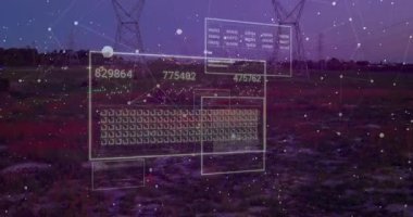 Çevredeki elektrik hatları üzerinde dijital veri ve ağ bağlantıları. Teknoloji, bağlantı, ağ, altyapı, iletişim, yenilik