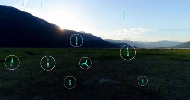 Okul projesinde manzaralı dağ manzarasını kaplayan çevre simgelerinin animasyonu. Doğa, sürdürülebilirlik, koruma, ekosistem, ekoloji, iklim