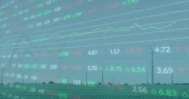 Borsa grafikleri ve yeşil alan animasyonunda rüzgar türbinlerinin üzerindeki finansal veriler. Sürdürülebilirlik, yatırım, yenilenebilirlik, enerji, büyüme, yenilik