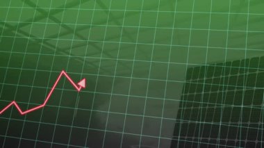Kırmızı çizgi grafiği yeşil şebekeye yükseliyor ve silueti animasyon tarzında inşa ediyor. Ekonomi, büyüme, finans, iş, veri, analitik