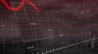 Değişen finansal veriler gösteriliyor, şebeke arka plan animasyonu üzerinde kırmızı çizgi grafiği. Ekonomi, finans, analitik, uçuculuk, düşüş, istatistik