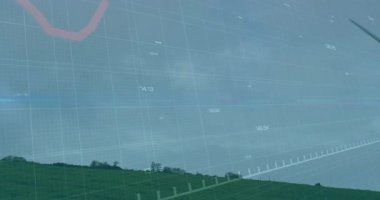 Rüzgar türbini ve manzara dalgalı finansal grafik animasyonlarıyla örtüşüyor. Yenilenebilir enerji, sürdürülebilirlik, yatırım, ekonomi, teknoloji