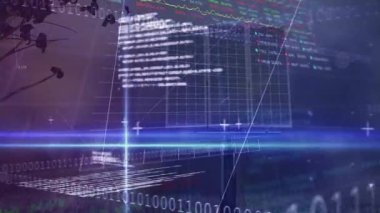 Finansal veriler ve ikili kod animasyonu içeren borsa grafikleri. Finans, ekonomi, yatırım, analitik, teknoloji, dijital