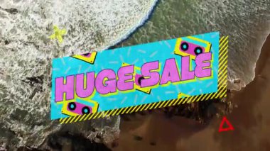 Renkli geometrik şekiller ve okyanus dalgaları üzerine devasa bir metin animasyonu. Promosyon, indirim, teklifler, reklamcılık, pazarlama, canlı