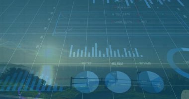 Finansal veri tabloları ve köprü ile manzara üzerindeki grafikler. Finans, analitik, yatırım, ekonomi, altyapı, teknoloji