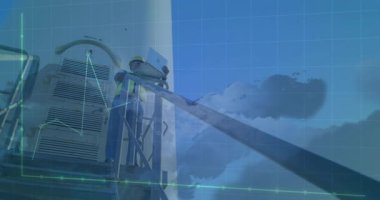 Animasyon için bulutlu gökyüzünde veri grafiği olan rüzgar türbini. Yenilenebilir enerji, yeşil, teknoloji, sürdürülebilirlik, çevre