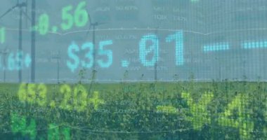 Rüzgâr türbinleri, borsa verileri animasyonu örtüyor. Yenilenebilir, enerji, sürdürülebilir, finans, büyüme, yatırım