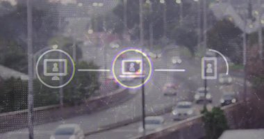 Dijital ağ simgeleri ve bağlantılarıyla trafik sahnesi animasyonu örtüyor. Teknoloji, bağlantı, veri, ulaşım, şehir, iletişim