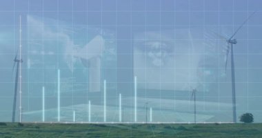 Yükselen çubukların animasyonu, rüzgar türbinleriyle manzaranın üzerinde noktalar çiziyor. Yenilenebilir, enerji, çevre, sürdürülebilir, yeşil, büyüme