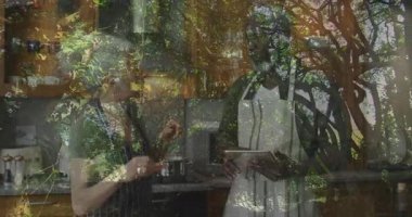 Evde yemek pişirmek, penceresinde yansıması olan yaşlı bir kadın dışarıda ağaçlar gösteriyor. Mutfak, yerli, doğa.