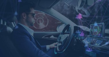 Otomatik araba kullanan bir adamın görüntüsü. iletişim teknolojisi dijital arayüz kavramı, dijital olarak oluşturulmuş görüntü.