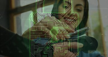 Ödeme terminalini kullanan insanların ağ güvenliğinin resmi. küresel iletişim ve veri güvenliği konsepti dijital olarak oluşturulmuş görüntü.