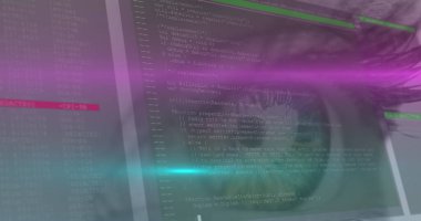 Arka planda kadın gözü üzerinden veri işleme görüntüsü. küresel bağlantılar, teknoloji ve dijital arayüzler konsepti dijital olarak oluşturulmuş görüntü.