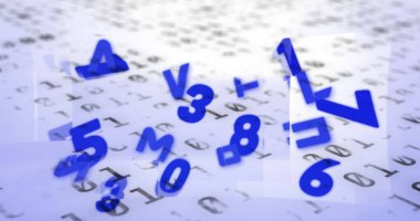 Beyaz arkaplanda rakamların ve harflerin resmi. küresel bilim, teknoloji ve dijital arayüz kavramı dijital olarak oluşturulmuş görüntü.