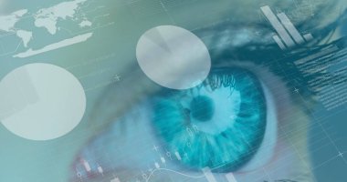 Finansal veri işleme görüntüsü, kadın gözünden istatistiklerle. küresel bağlantı, veri işleme ve dijital arayüz konsepti dijital olarak oluşturulmuş resim.