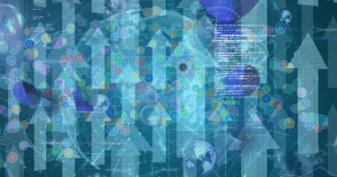 Dünya ve oklar üzerindeki ekranlarda tarama ve veri işleme dürbünü görüntüsü. küresel bağlantılar, teknoloji ve dijital arayüz kavramı dijital olarak oluşturulmuş görüntü.