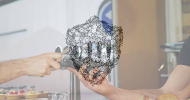 Ödeme terminalini kullanan insanların güvenlik kalkanıyla olan bağlantılarının görüntüsü. küresel iletişim ve veri güvenliği konsepti dijital olarak oluşturulmuş görüntü.