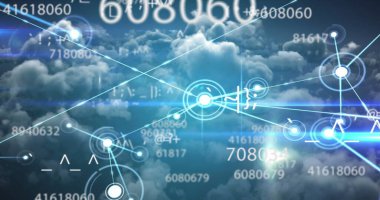 Bilimsel veri işleme görüntüsü ve bulutlu gökyüzü üzerindeki bağlantılar ağı. küresel bilim, teknoloji ve dijital arayüz kavramı dijital olarak oluşturulmuş görüntü.