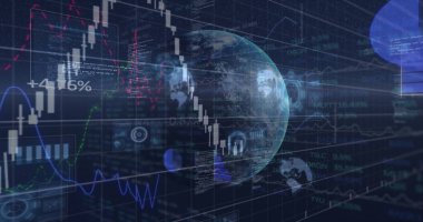 Siyah arkaplan üzerinde hareket eden dünya, istatistik ve bilgi arayüzünün görüntüsü. iletişim teknolojisi dijital arayüz kavramı, dijital olarak oluşturulmuş görüntü.