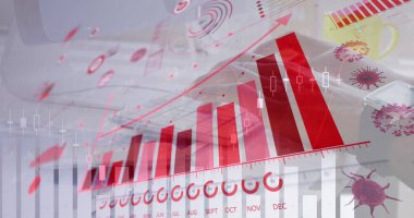 Grafikler, istatistikler ve Coronavirus hücreleri ile dijital bir arayüz görüntüsü Klavye Covid-19 Coronavirus teknoloji arayüzü kavramına dijital olarak üretilen bir kişi üzerine yayılıyor