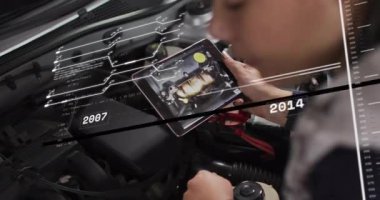 Animasyonlu tablet kullanmak, mekanik tanılama araba motoru ve artırılmış gerçeklik. Teknoloji, yenilik, mekanik, mühendislik, tanı, onarım