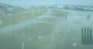 Huzurlu karlı manzarayı kaplayan çubuk grafiklerin ve veri grafiklerinin animasyonu. Veri görselleştirme, analitik, istatistik, finans, teknoloji, iş