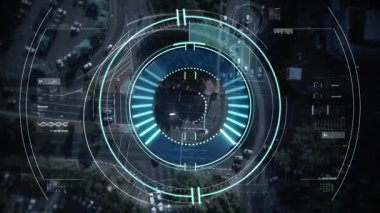Şehir trafiğini ve sokakları fütüristik dijital arayüzle kaplayan animasyon. Teknoloji, yenilik, veri, şehir, ulaşım