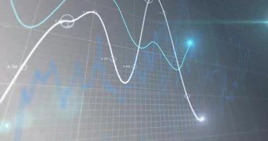 Grafik çizgileri ve dijital şebekedeki veri noktaları ile finansal analizlerin animasyonu. Maliye, teknoloji, istatistik, büyüme, ekonomi, eğilim
