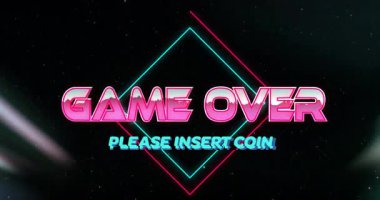 Lütfen neon şekiller üzerine bozuk para yerleştirin ile retro Game Over metninin canlandırması. Oyun, oyun, nostalji, 8-bit, pixelated, vintage