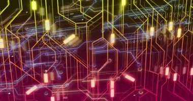 Karmaşık dijital ağ deseni, renkli devre çizgileri ve parlayan elementler oluşturuyorlar. Teknoloji, devre, bağlantılar, gelecek, elektronik, tasarım