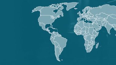 Ofiste, insanlar iş görüşmelerini dünya haritası animasyon örtüsüyle tartışıyor. İşbirliği, takım çalışması, şirket, tartışma, beyin fırtınası, strateji