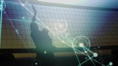 Voleybol oyuncuları dijital ağ animasyonu ile siluet oluşturuldu. Spor, takım çalışması, atletik, bağlantı, hareket, teknoloji