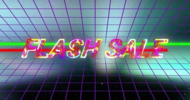 Retro ızgara arka planında Flash Sale metninin renkli neon animasyonu. Promosyon, perakende, indirim, canlı, dijital, pazarlama
