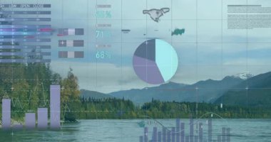 Huzurlu göl ve dağ manzarası üzerinde veri görselleştirme ve grafikler. Doğa, çevre, sükunet, teknoloji, yenilik, dijital