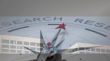 Pusula iğnesi animasyon grafikleriyle bina cephesinde arama yapmayı gösteriyor. Navigasyon, yön, keşif, keşif, yenilik, teknoloji