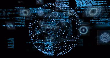 Dijital verilerin küresel yapıda karmaşık ağ bağlantıları oluşturması. Teknoloji, fütüristik, siber uzay, yenilik, küre