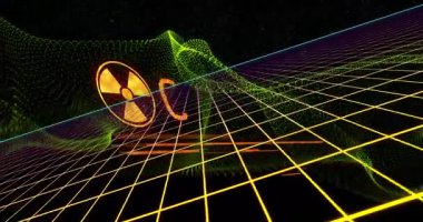 Parlak çizgileri olan dijital şebeke üzerinde uyarı metni ve radyasyon sembolünün animasyonu. Tehlike, tehlike, alarm, güvenlik, teknoloji, siber