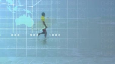 Siluetler küresel finansal veriler ve dünya haritası animasyonları üzerinde el sıkışıyor. İş, ortaklık, anlaşma, ticaret, finans, ekonomi