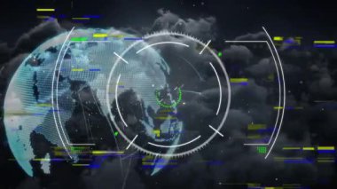 Bulutlu gece arkaplanı üzerinde veri işleme animasyonuna sahip dijital küre. Teknoloji, ağ, fütüristik, internet, sanal, siber uzay