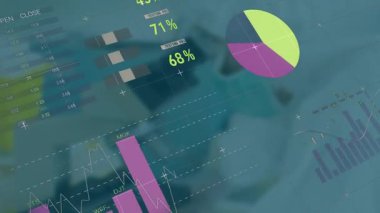 Dünya haritalı finansal veriler üzerinde renkli turta ve bar grafiklerinin animasyonu. Finans, analitik, istatistik, veri görselleştirme, küresel, yatırım