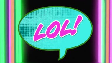 LOL animasyonu! Renkli neon arka planda yıldızlı konuşma balonu. Mizah, çizgi film, canlı, oyuncu, ifade, çizgi roman