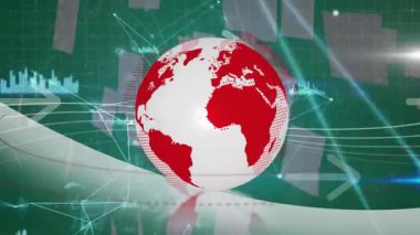 Kırmızı dünya haritasındaki dijital veriler ve ağ bağlantıları, yeşil arkaplan. Teknoloji, bağlantı, küresel, iletişim, siber uzay, internet