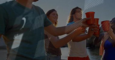 Sahilde kırmızı bardaklarla kadeh kaldıran arkadaşlar, dijital animasyon sahnesi. Kutlama, plaj partisi, arkadaşlık, dijital sanat, boş zaman, yaz zamanı