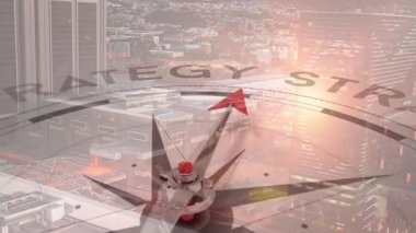 Pusula şehir manzarası üzerinde günbatımı aydınlatmalı animasyon stratejisine işaret ediyor. Yön, navigasyon, iş, büyüme, konsept, liderlik