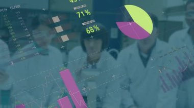 Laboratuvardaki bilim insanları bilimsel görselleştirmenin animasyonuyla verileri analiz ediyorlar. Araştırma, yenilik, biyoteknoloji, veri analizi, deney, teknoloji